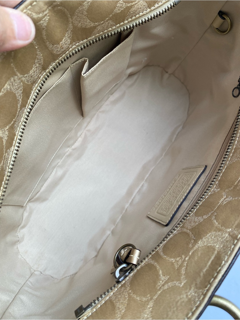 Coach Studded Signature Jacquard Gold Metallic Signature Tote with Suede Trim - Picture 16 of 17